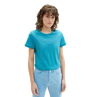 Image of TOM TAILOR Women&#039;s 1038453 T Shirt with Lettering, 31668 Petrol Green, XXS