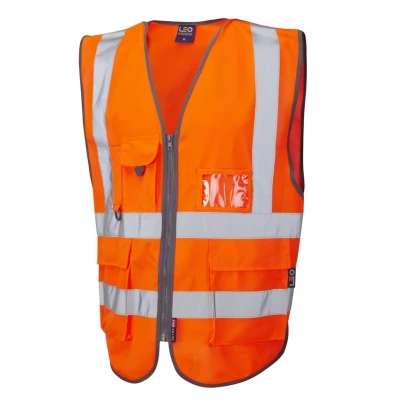 Image of Leo Workwear Barnstaple Hi Vis Knitted Polyester Zip Front Superior Waistcoat, Large, Orange
