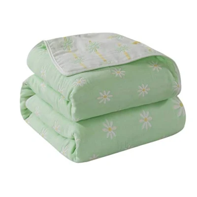 Image of Hayisugar Throws Blankets Fleece Double/Twin Size 100% Pure Cotton Super Soft Fluffy Bed Warm Blanket for Sofa Bedspread, Green Daisies, 120 x 150cm