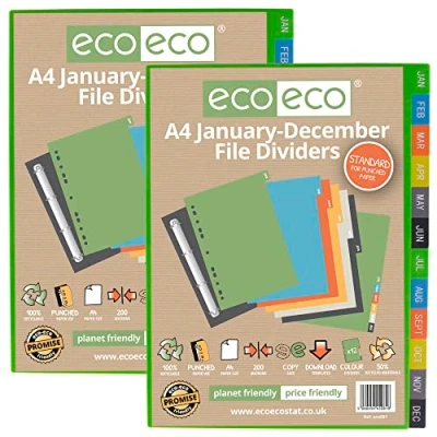 Image of eco A4 50% Recycled Multipunched Reinforced Colour January December Subject Index File Dividers 200mic (Pack of 2), eco081x2