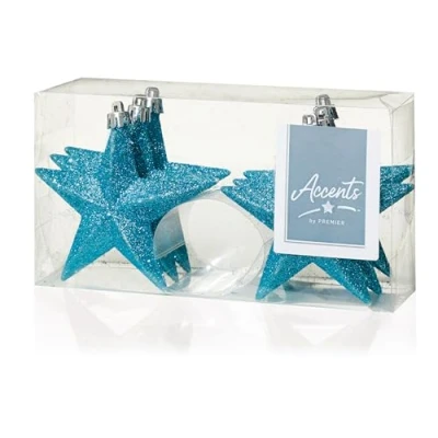 Image of PMS Snow White Shatterproof Christmas Tree Decoration 6 Glitter Stars 100mm Ice Blue