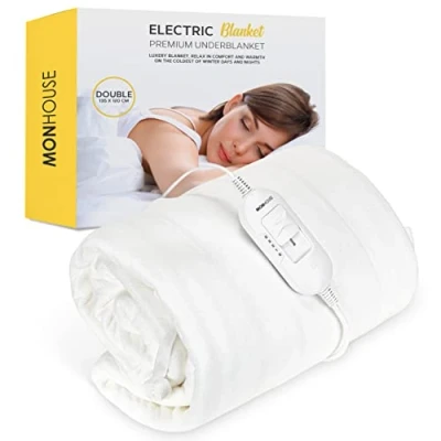 Image of MONHOUSE Premium Soft Fleece Electric Blanket Heated Under Mattress Cover Detachable Controller &amp; Machine Washable 3 Heat Settings Double 120x135cm White