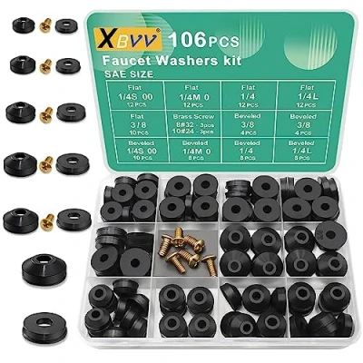 Image of XBVV 106 PCS Faucet Washer Assortment Kit with Assorted Flat and Beveled Rubber Washers for Outdoor Garden Stem Leak Worn Replacement Repair