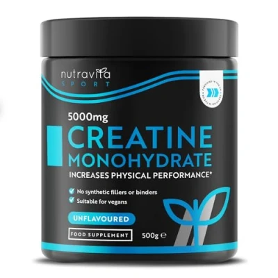 Image of Creatine Monohydrate Powder 5000mg 500g After/Pre Workout for Recovery &amp; Physical Performance Men Women Exercise Supplement Vegan 100 Servings Unflavoured UK Made by Nutravita