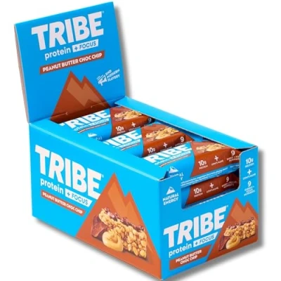 Image of TRIBE Protein + Focus Bar Peanut Butter Choc Chip 10g Protein, 9 Energy &amp; Nutrients, Lions Mane, Plant Based, Vegan Snack Gluten Free (60g x 12 Bars)