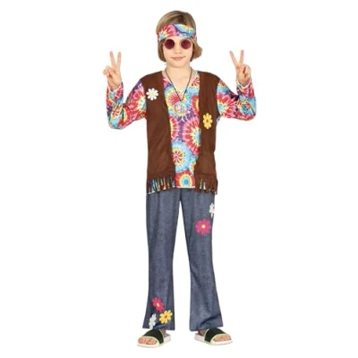 Image of FIESTAS GUIRCA Hippie Boy Fancy Dress Costume 70s Kids Attire with Headband, Multicoloured Tie Dye T Shirt, Waistcoat and Trousers for Children 5 6 Years