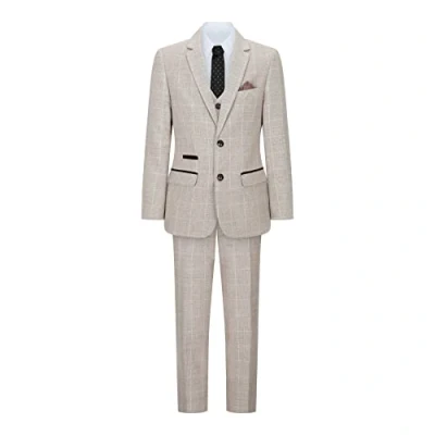 Image of Boys Check Tweed Beige Brown 3 Piece Suit Wedding Vintage Retro Classic 8
