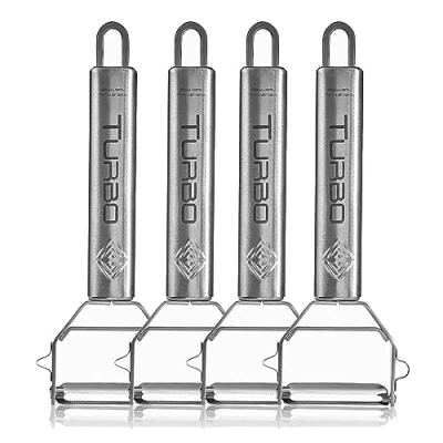 Image of TURBO PRODUKTE Set of 4 Stainless Steel Peelers for Fruit and Vegetables Forwards Backwards with Pendulum Blade Left Right Handed Users 3 in 1 Function
