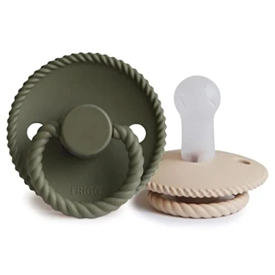 Image of FRIGG Rope Silicone Pacifier Pack of 2 Soother Dummy BPA Free Made in Denmark Symmetrical Cherry Shaped Nipple (Croissant/Olive (6 18 Months))