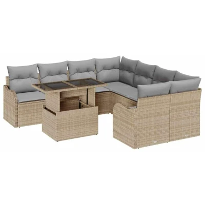 Image of vidaXL 9 Piece Garden Sofa Set with Cushions Beige Poly Rattan