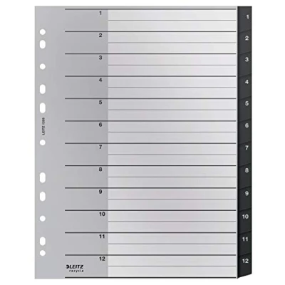 Image of Leitz Index Folder Divider, 1 12 Numerical Tabs, A4, Extra Wide, 90% Recycled Plastic, Eco Friendly, Premium Quality, Recycle Range, 12090095, Black