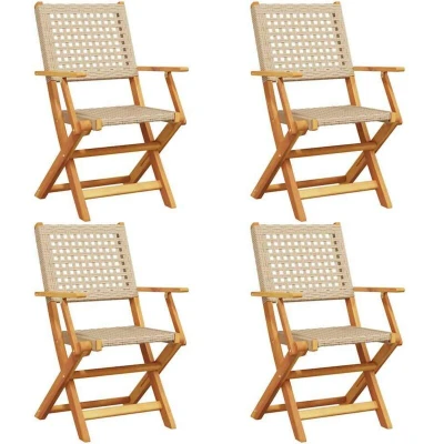 Image of vidaXL Folding Garden Chairs 4 pcs Beige Poly Rattan and Solid Wood