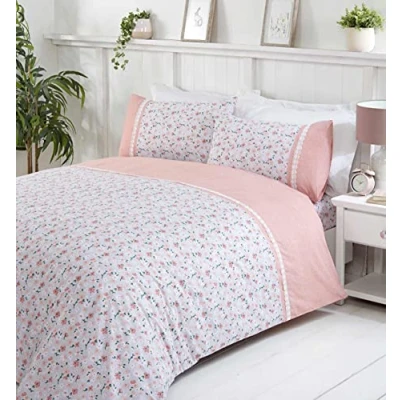 Image of Rapport Penelope Floral Daisy Lace Trim Blush King Size Duvet Cover Set Bedding Bed