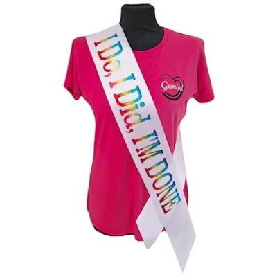 Image of I Do, Did, I&#039;m DONE Divorce Sash Beautiful White Satin Ribbon with Glitter Rainbow Text