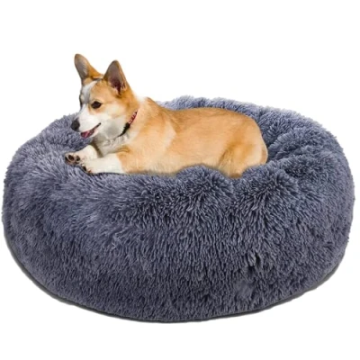 Image of Posh Pooch Donut Pet Bed Round Cushion Marshmallow Super Soft Faux Fur Cuddler, Calming Fluffy Comfy for Dog and Cat (MEDIUM (70CM), Dark Grey)