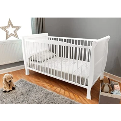 Image of White Sleigh Style Baby Cot Bed &amp; Foam Mattress Converts into a Junior Full Size 140x70cm Cotbed