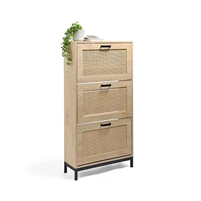 Image of VonHaus Rattan Shoe Cabinet Wicker Cupboard w/ 3 Pull Down Doors Light Wood Effect Footwear Organiser Fits Shoes Up to Size 9 Industrial Scandi Style for Living Room &amp; Hallway Lena