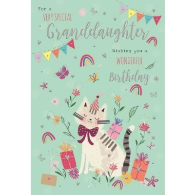 Image of ICG Very Special Granddaughter Birthday Card for Girls Party Cat with Flowers, Rainbows and Butterflies Embossed a Foil Finish