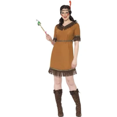 Image of Smiffys Native American Inspired Maiden Costume, Brown with Dress, Belt and Headband, Cowboys Indians Fancy Adult Dress Up Costumes