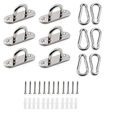 Image of HOMPER 6Pcs M5 304 Stainless Steel Oblong Pad Eye Plate and Carabiner Clips, Marine Hardware Staple Hook Loop With 12 Screws Plastic Plugs
