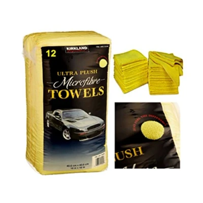 Image of Kirkland Signature 12 Ultra Plush Microfibre Cloths Towels Cleaning Car Vehicle., Yellow, H 40.6 x W cm