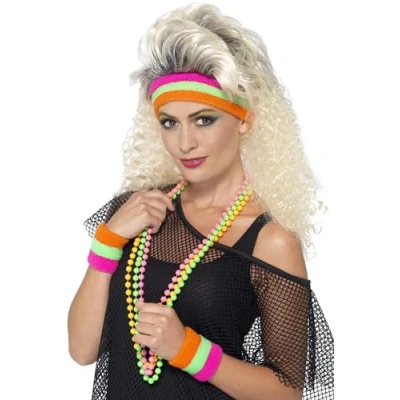 Image of Smiffys Sweatbands, Neon with 1 Headband &amp; 2 Wristbands, 1980&#039;s Fancy Dress, 1980s Dress Up Accessories