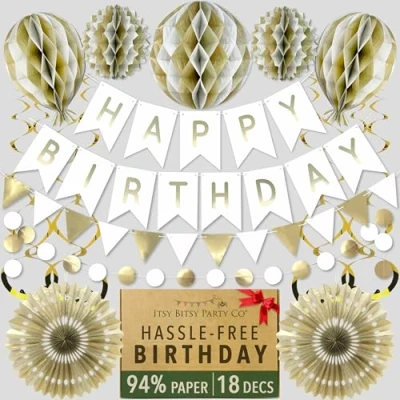 Image of Premium Reusable Birthday Party Decorations White &amp; Gold Decoration Set Happy Banner, Bunting, Honeycomb Decorations, Streamers (Paper Decorations)
