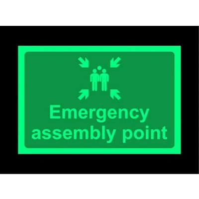 Image of Emergency assembly point Safety sign 1.2mm Photoluminescent glow in the dark rigid plastic with self adhesive backing 400mm x 300mm