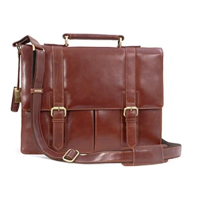 Image of VISCONTI Men&#039;s Leather Briefcase Extra Large 17 inch Laptop Bag A4 Messenger Work Adjustable Crossbody Strap VT6 BENNET Tan Brown
