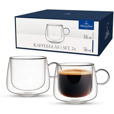 Image of Villeroy &amp; Boch Artesano Hot&amp;Cold Beverages Coffee Glass, Set of 2 Glasses, Double Walled Glasses for Cold and hot Beverages, 180 ml, Borosilicate Dishwasher Safe, Microwave Safe