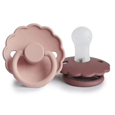 Image of FRIGG Daisy Silicone Pacifier Pack of 2 Soother Dummy BPA Free Made in Denmark Symmetrical Cherry Shaped Nipple (Blush/Woodchuck, Size 1 (0 6 Months))