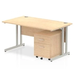Image of Impulse 1400x800mm Desk Maple Top Silver Cantilever Leg and Mobile Ped