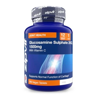Image of Zipvit Glucosamine Sulphate 2KCl 1500mg with Vitamin C, 360 Vegan Tablets. Supports Bones and Cartilage Function, 12 Month Supply, UK Supplier