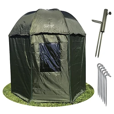 Image of NECO SAXCARP Fishing Umbrella 250 cm with Wind Protection XXL Tent Side Wall for 3 Adults Men Carp Equipment + Free Stand, Pegs, Throw