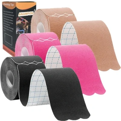 Image of ANAMPION Kinesiology Tape Precut,Waterproof Sports for Athletes Physio Elastic Pain Relief Adhesive Muscles Shin Splints Ankle Knee &amp; Shoulder (Black+Pink+Flesh Color, 3 Rolls)