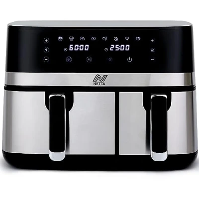 Image of NETTA 5.5L and 3.5L Dual Basket Drawer Air Fryer 9L with Digital Smart Programmes Double XL Family Size Small Large Black