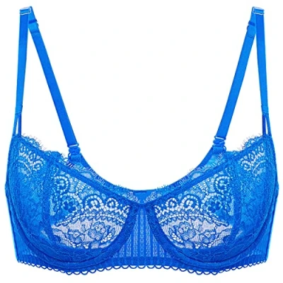 Image of DOBREVA Women&#039;s Lace Balconette Bra Half Cup Non Padded Push Up Underwire Sheer Bras Sky Blue 36DD