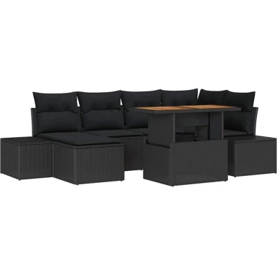 Image of vidaXL 7 Piece Garden Dining Set with Cushions Black Poly Rattan Acacia