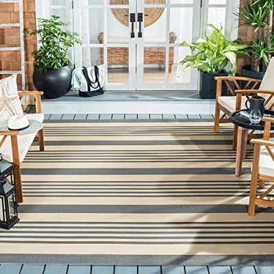 Image of Safavieh Striped Rug for Indoor &amp; Outdoor Courtyard Collection, Short Pile, in Grey and Bone color, 160 X cm