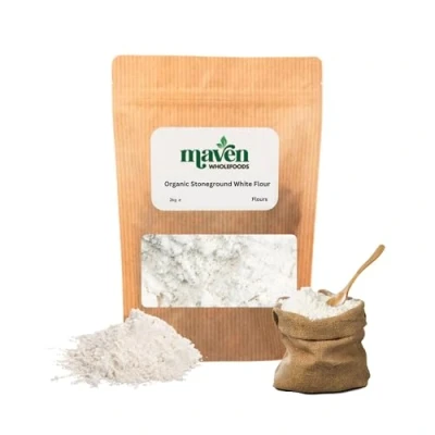 Image of Maven wholefoods Organic Stoneground White Flour 2kg Raw GMO Free High Fibre &amp; Protein Certified Suitable for Vegetarian Vegan Packed Fresh in Resealable Bags (2kg)