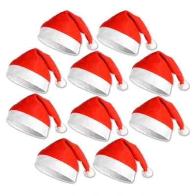 Image of Komonee 10 x Santa Claus Christmas Hat Red Xmas Novelty Party for Festive Holidays Fancy Dress Up Unisex Costume Accessory New Years Fun Adults and Children