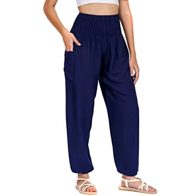 Image of Lofbaz Harem Pants for Women Yoga Boho Hippie Clothing Womens Palazzo Bohemian Pajama Trousers Beach Indian Gypsy Genie Clothes Solid 1 Dark Blue M