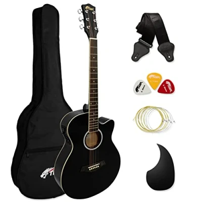 Image of TIGER ACG4 BK Full Size Electro Acoustic Guitar for Beginners with Built in 3 Band EQ Package includes Gig bag, Strap, and Spare Strings Black Now Six Months FREE lessons