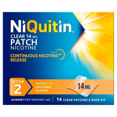 Image of NiQuitin 14 mg Nicotine Patch Step 2 Stop Smoking Aid Therapy Clear Patches for Weeks Treatment 24h Craving Control Invisible Patches,14 Count (Pack of 1)