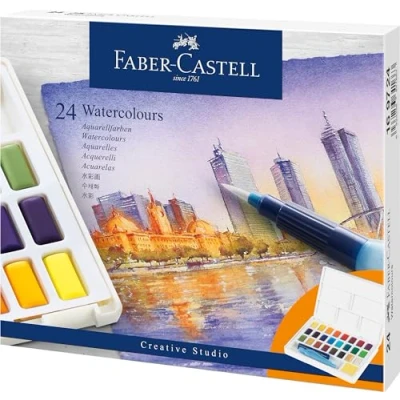Image of Faber Castell Creative Studio Watercolours In Pans, Multicoloured, Set Of 24, For Art, Craft, Drawing, Sketching, Home, School, University, Colouring, 24 Colors