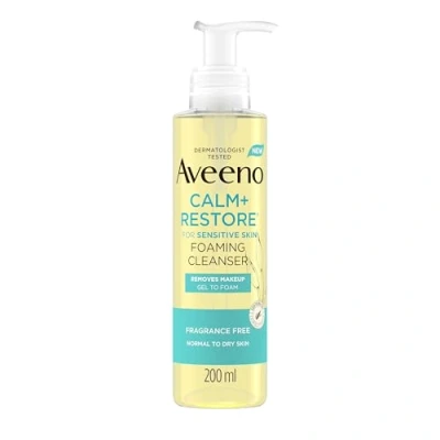 Image of Aveeno Face CALM+RESTORE® Foaming Cleanser, Removes Makeup + Waterproof Mascara, Gel to Foam, For Sensitive Skin, Fragrance Free 200ml