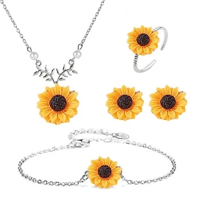 Image of Cubahop Sunflower Pendant Necklaces Bracelets Earring Rings Set Silver Jewelry for Women and Girls