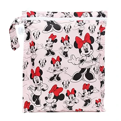 Image of Bumkins Waterproof Wet Bags for Baby, Disney Minnie Mouse, Travel, Swimsuit, Cloth Diapers, Pump Parts, Gym Clothes, Toiletries, Strap to Stroller, Zipper Reusable Bag