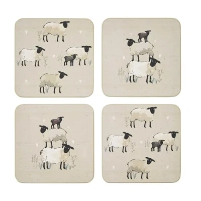 Image of Cooksmart Pack of 4 Drink Coasters British Designed Eco Cork Drinks For Modern Homes All Types Cups &amp; Mugs Highland Sheep
