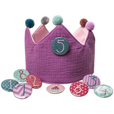 Image of Papierdrachen Birthday Crown Muslin with Numbers Purple for Children&#039;s Fabric Button from 1 8 Party Decoration Hat Boys and Girls